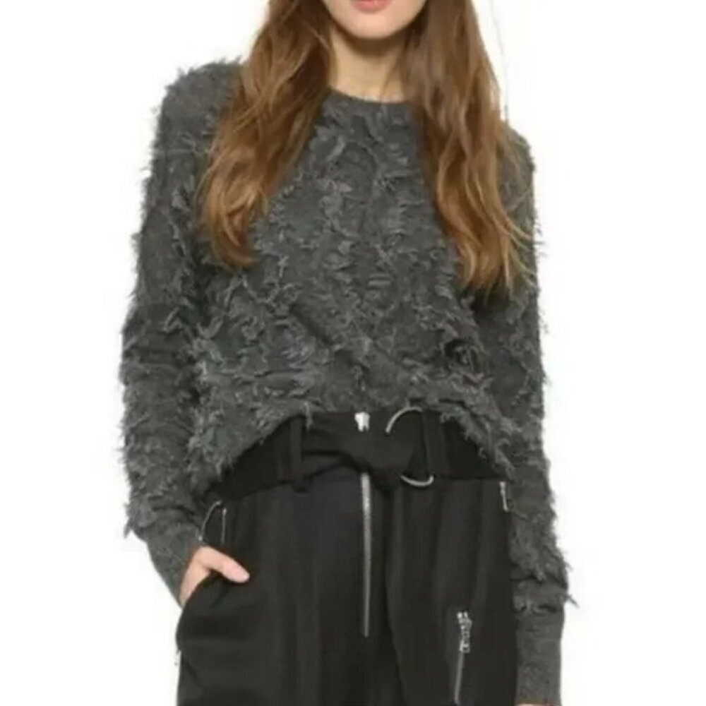3.1 Phillip Lim Destroyed Diamond Fringe Mohair Sweater in Charcoal Gray Size XS